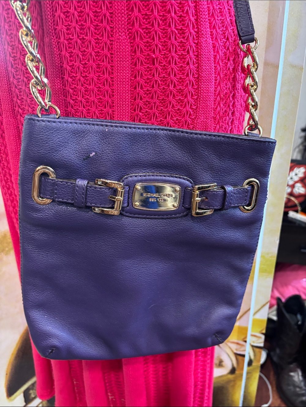 Michael Kors Purple Leather Crossbody with Gold Chain and Buckle